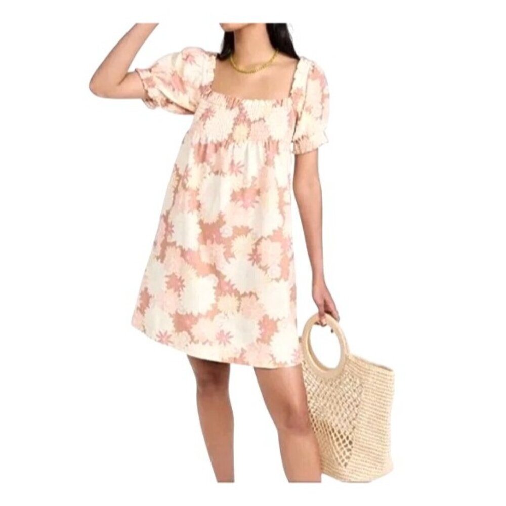 Faherty Coral Floral Organic Cotton Smocked Square-Neck Puff-Sleeve Dress Small